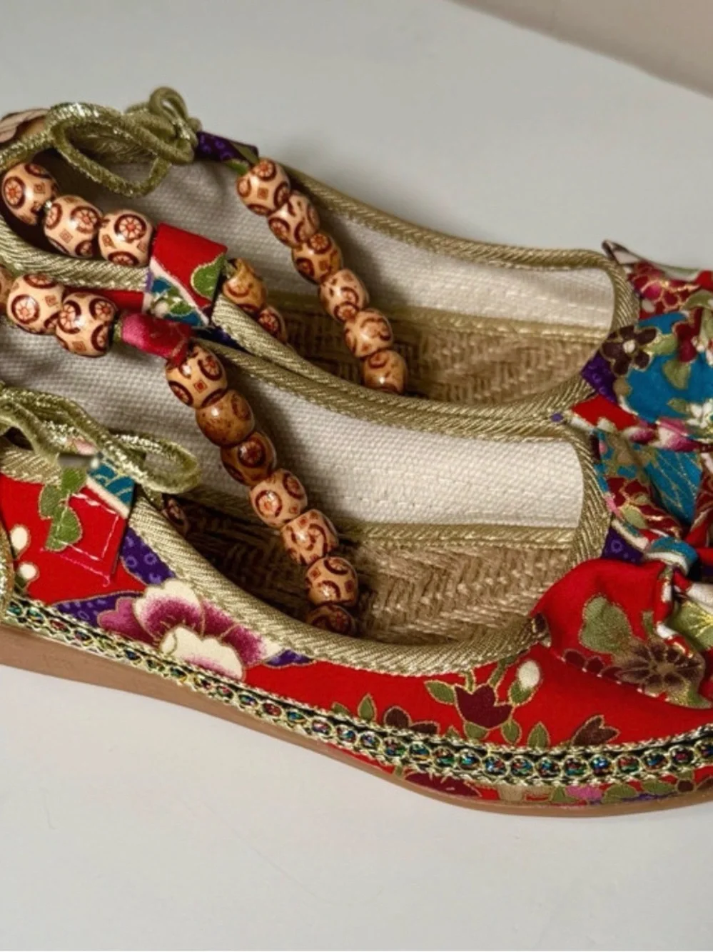 Source Unknown Red Multicolor Floral Bow Espadrille Flats with Beaded Ankle Ties